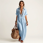 Ariadna | Vestido largo de lino con cuello en V bordado