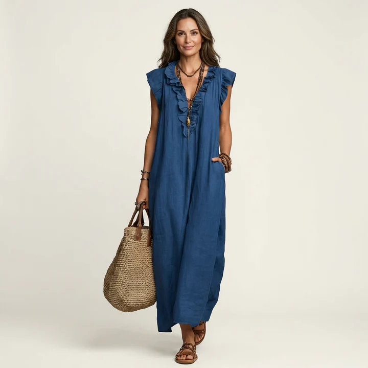 Joseta | Vestido largo con cuello en V y volantes