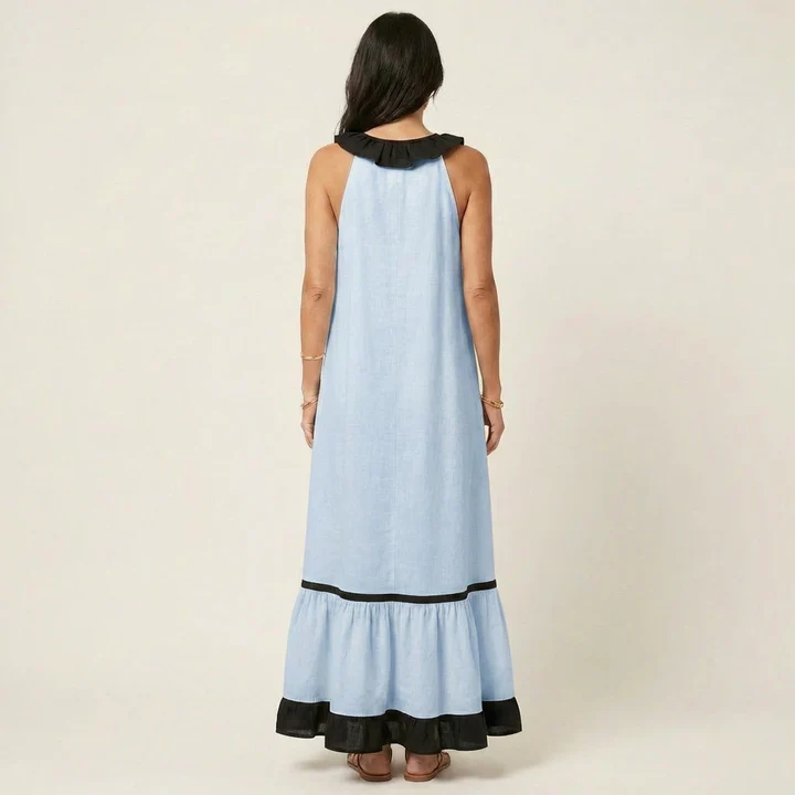 Mayline | Vestido largo sin mangas con cuello de volantes y ribete en contraste