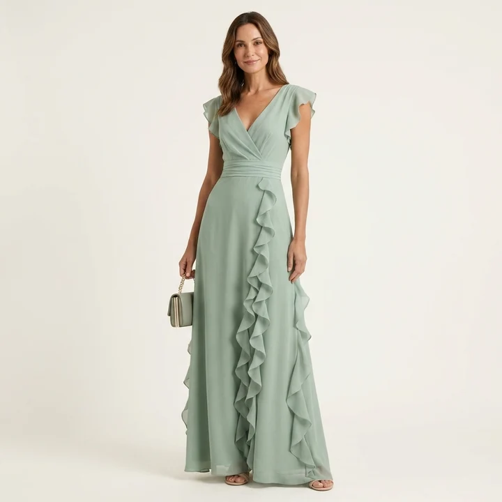 Nellyana | Vestido largo cruzado con escote en V, mangas acampanadas y volantes en cascada