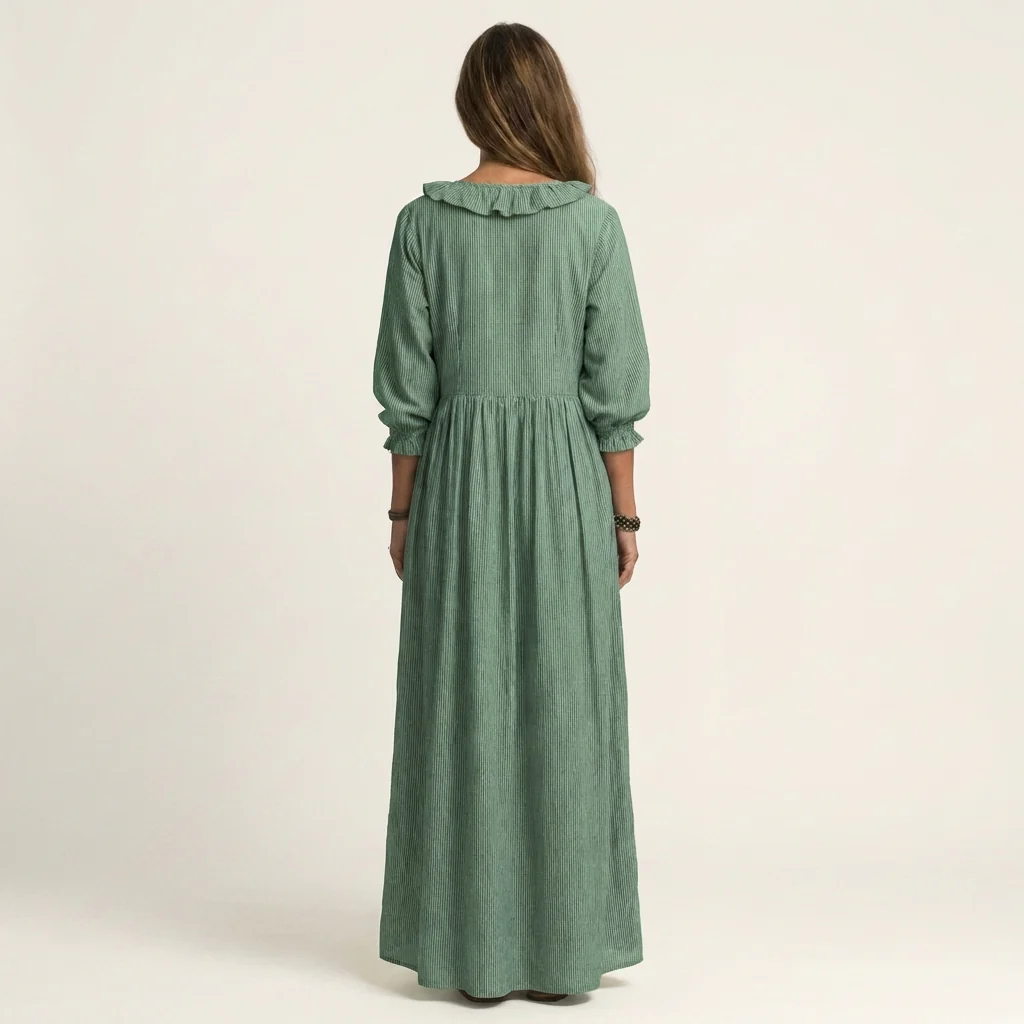 Yosetta | Vestido largo de manga farol con cuello en V y volantes, estampado de rayas
