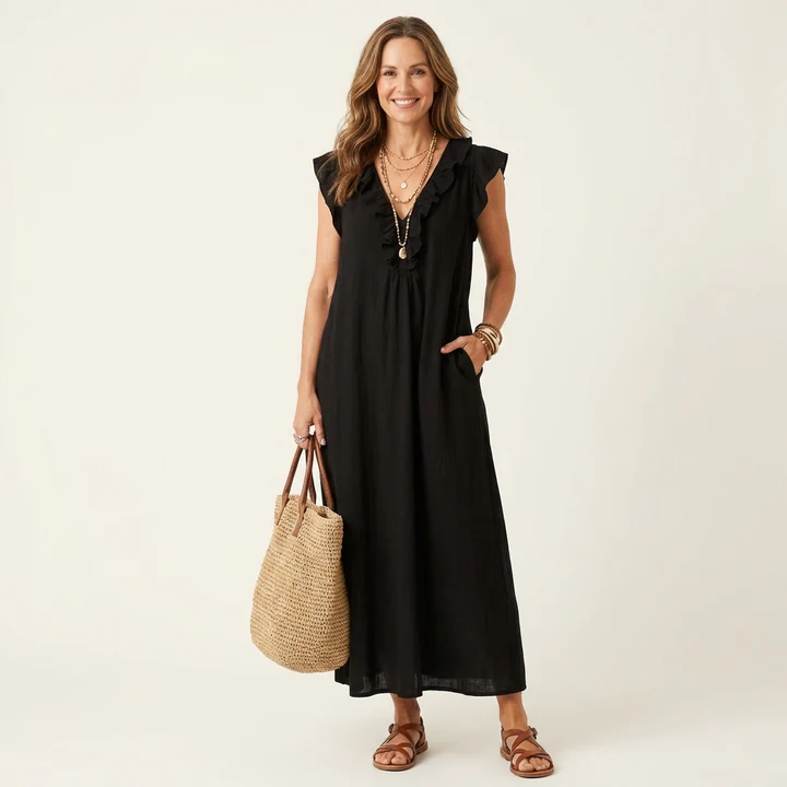 Joseta | Vestido largo con cuello en V y volantes