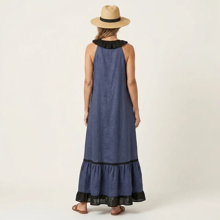 Mayline | Vestido largo sin mangas con cuello de volantes y ribete en contraste