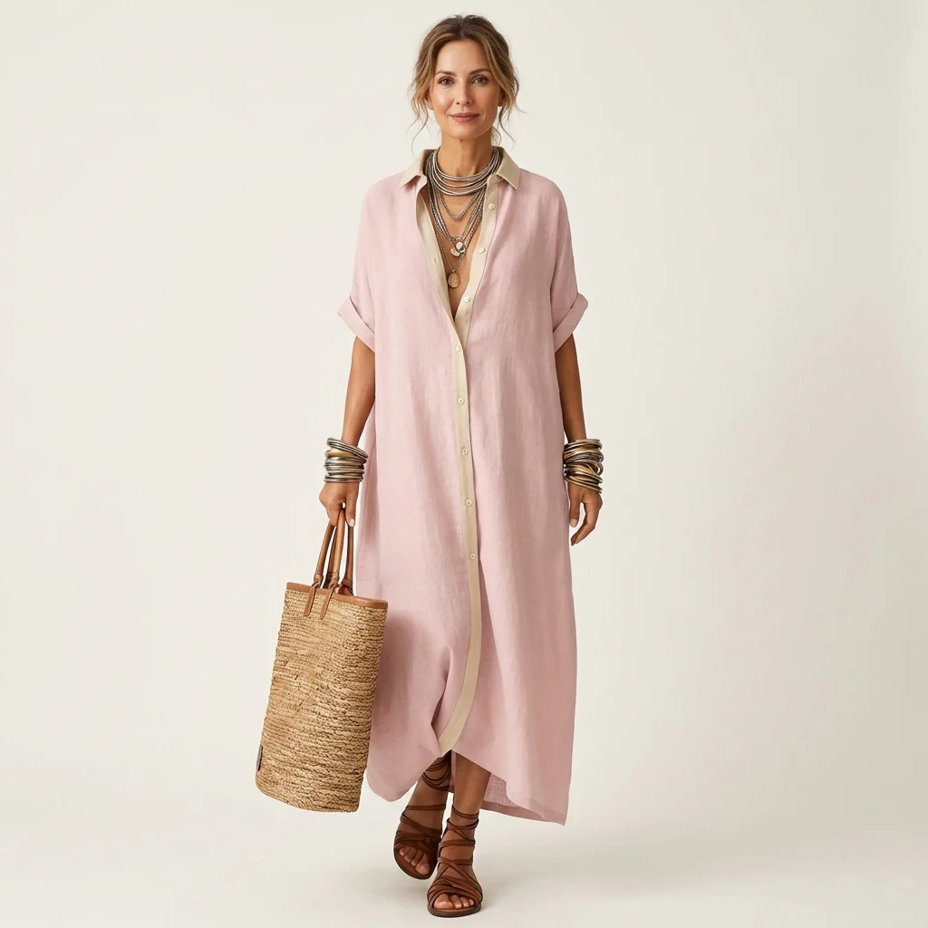 Kamira | Vestido camisero largo de manga corta con cuello en contraste y botones en la parte delantera