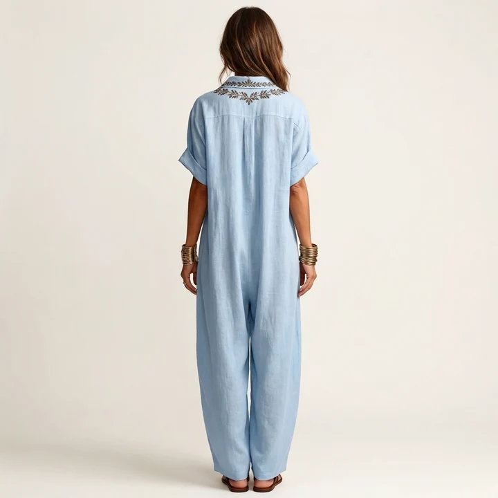 Ariadna | Vestido largo de lino con cuello en V bordado