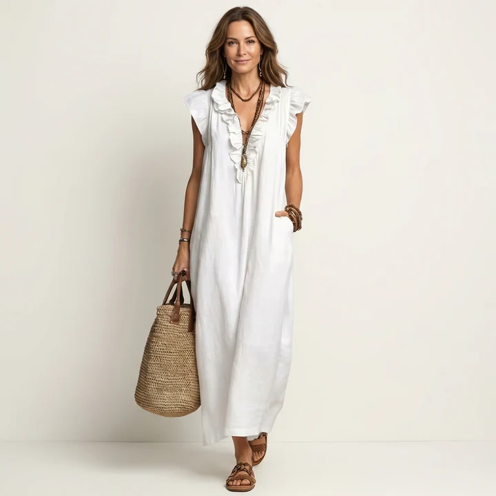 Joseta | Vestido largo con cuello en V y volantes
