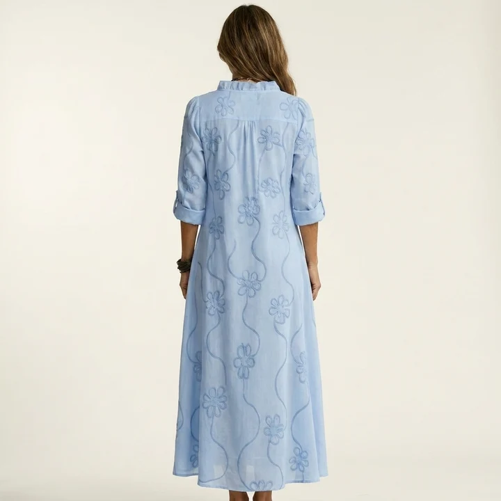 Mariam | Vestido largo de algodón y lino con bordado floral en tonos a juego