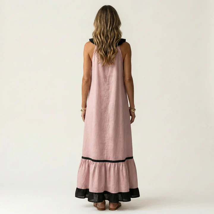 Mayline | Vestido largo sin mangas con cuello de volantes y ribete en contraste