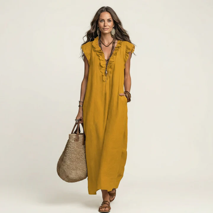 Joseta | Vestido largo con cuello en V y volantes