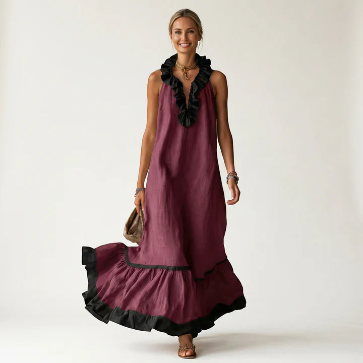 Mayline | Vestido largo sin mangas con cuello de volantes y ribete en contraste