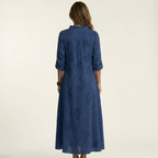 Mariam | Vestido largo de algodón y lino con bordado floral en tonos a juego