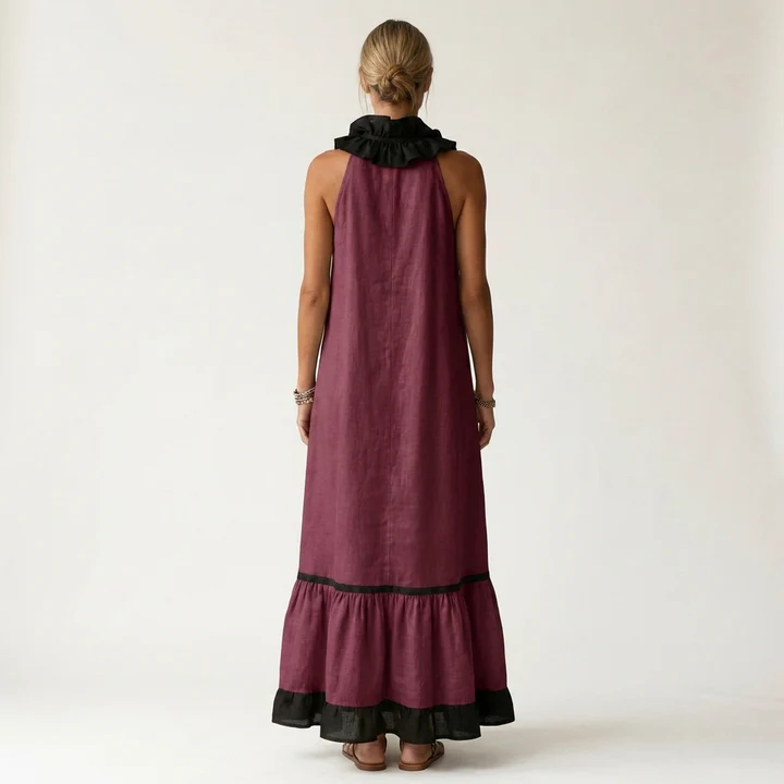 Mayline | Vestido largo sin mangas con cuello de volantes y ribete en contraste