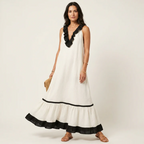Mayline | Vestido largo sin mangas con cuello de volantes y ribete en contraste