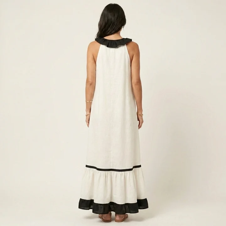 Mayline | Vestido largo sin mangas con cuello de volantes y ribete en contraste