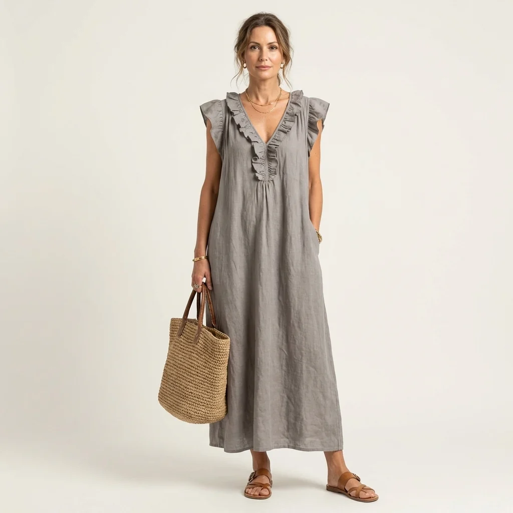 Joseta | Vestido largo con cuello en V y volantes
