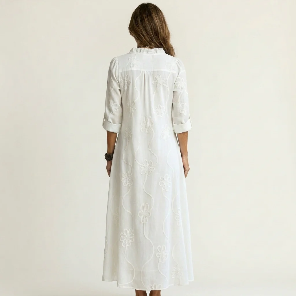 Mariam | Vestido largo de algodón y lino con bordado floral en tonos a juego