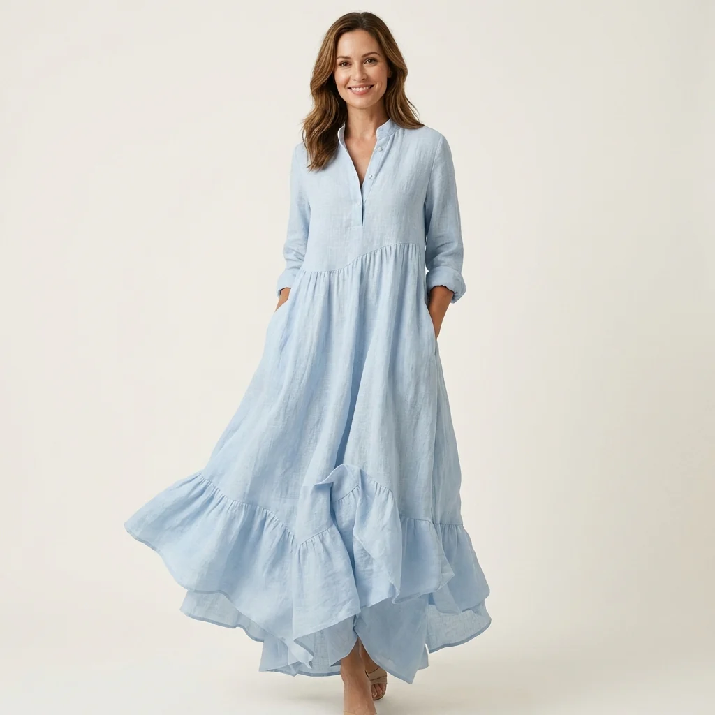 Jilana | Vestido largo con cuello alto, botones delanteros y bajo con volantes