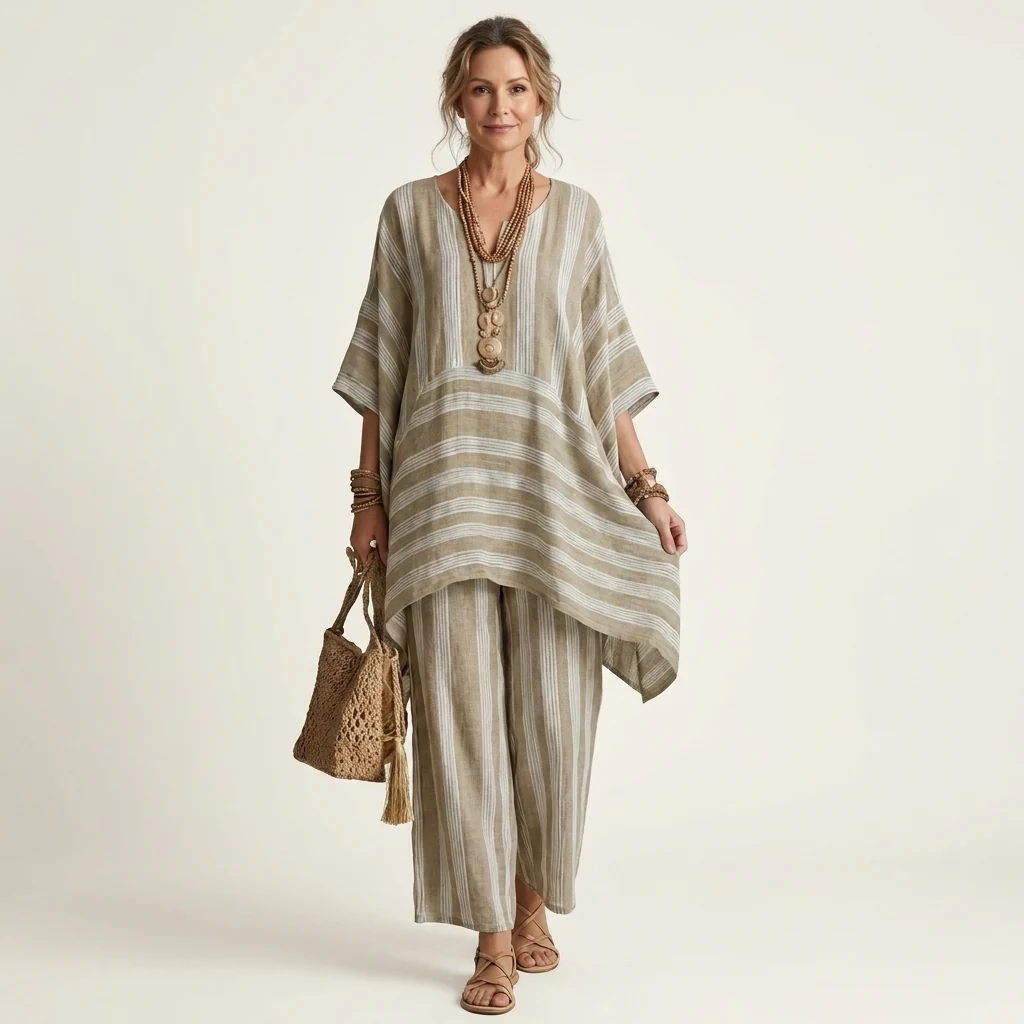 Kiara | Conjunto de dos piezas de algodón y lino a rayas Precio regular