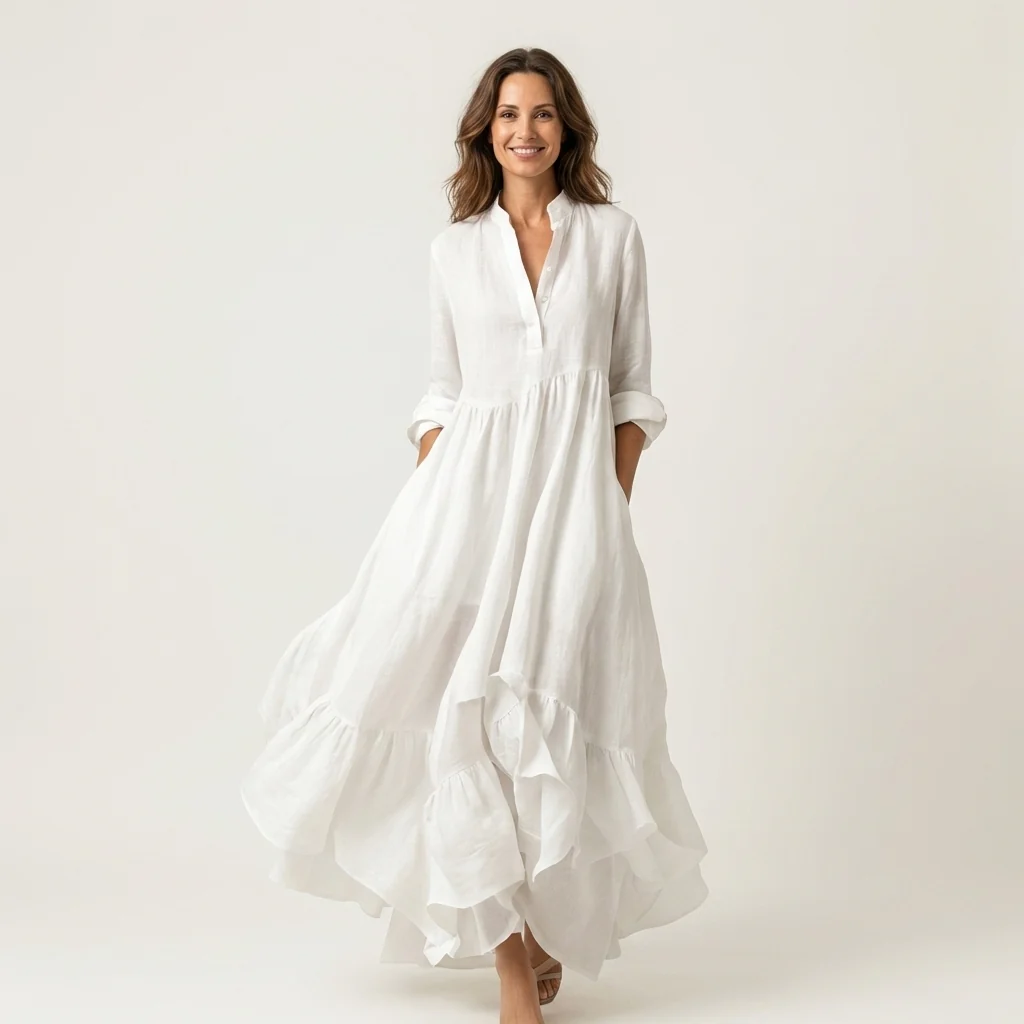 Jilana | Vestido largo con cuello alto, botones delanteros y bajo con volantes