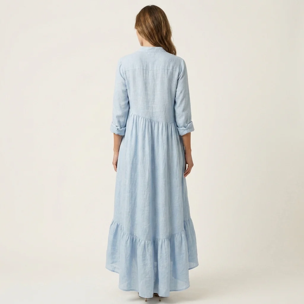 Jilana | Vestido largo con cuello alto, botones delanteros y bajo con volantes