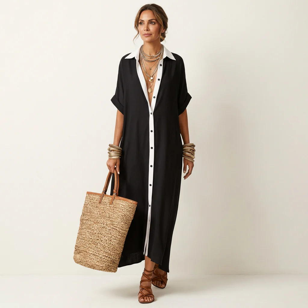 Kamira | Vestido camisero largo de manga corta con cuello en contraste y botones en la parte delantera