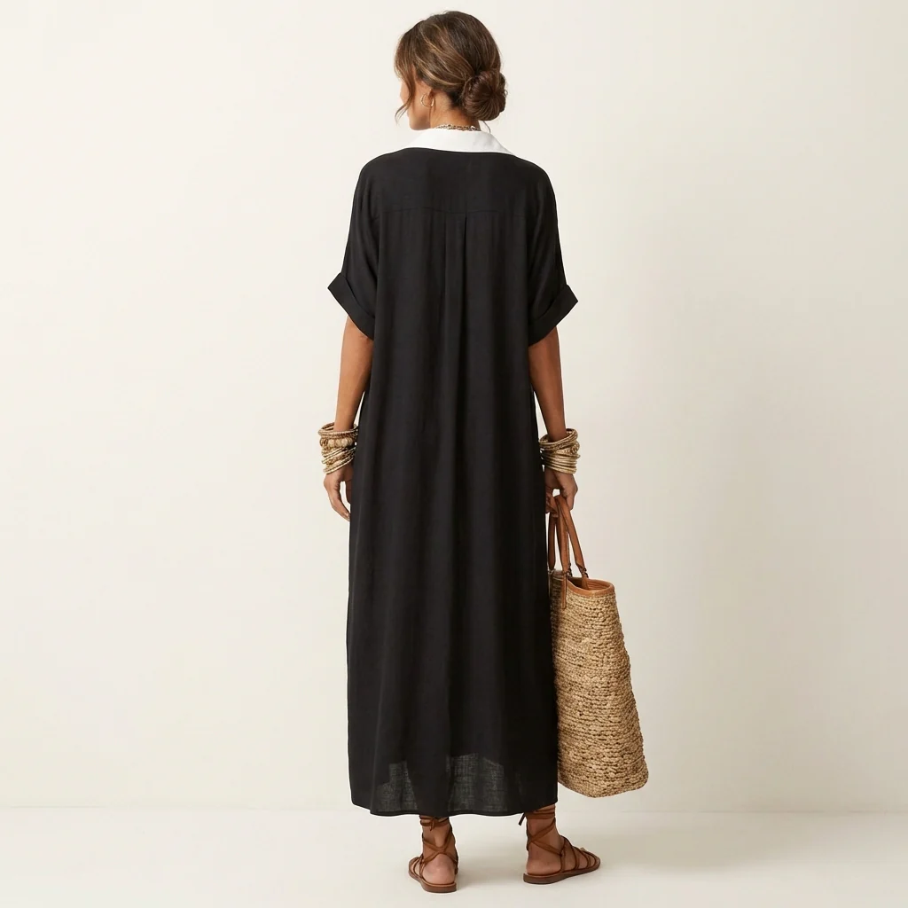 Kamira | Vestido camisero largo de manga corta con cuello en contraste y botones en la parte delantera