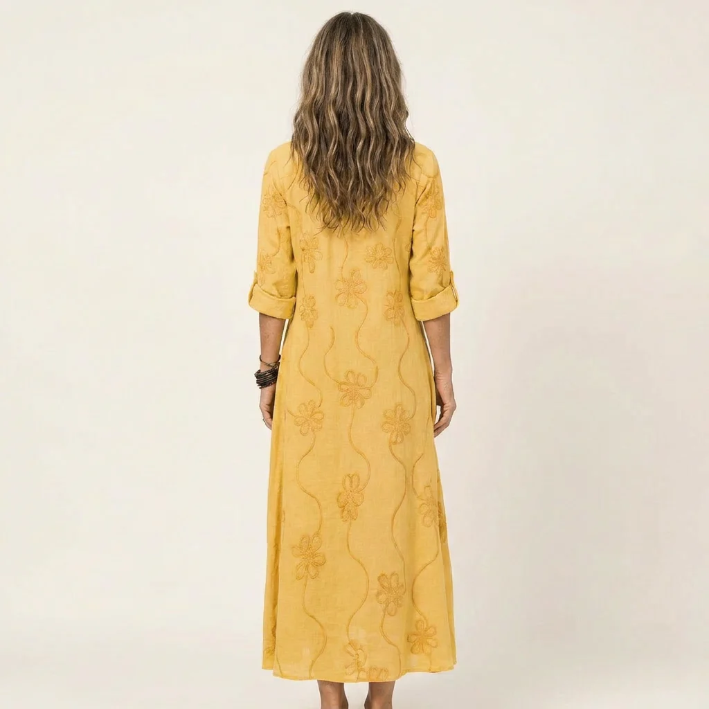 Mariam | Vestido largo de algodón y lino con bordado floral en tonos a juego