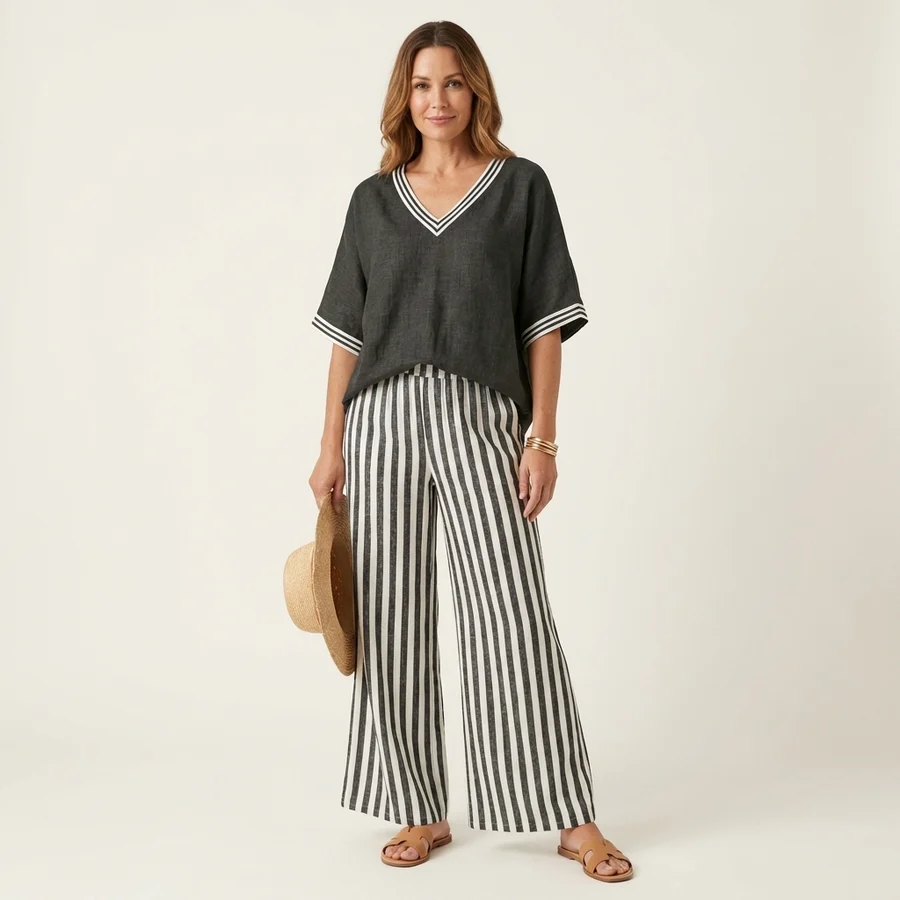 Juliana | Top estilo universitario con escote en V y conjunto de pantalón ancho a rayas