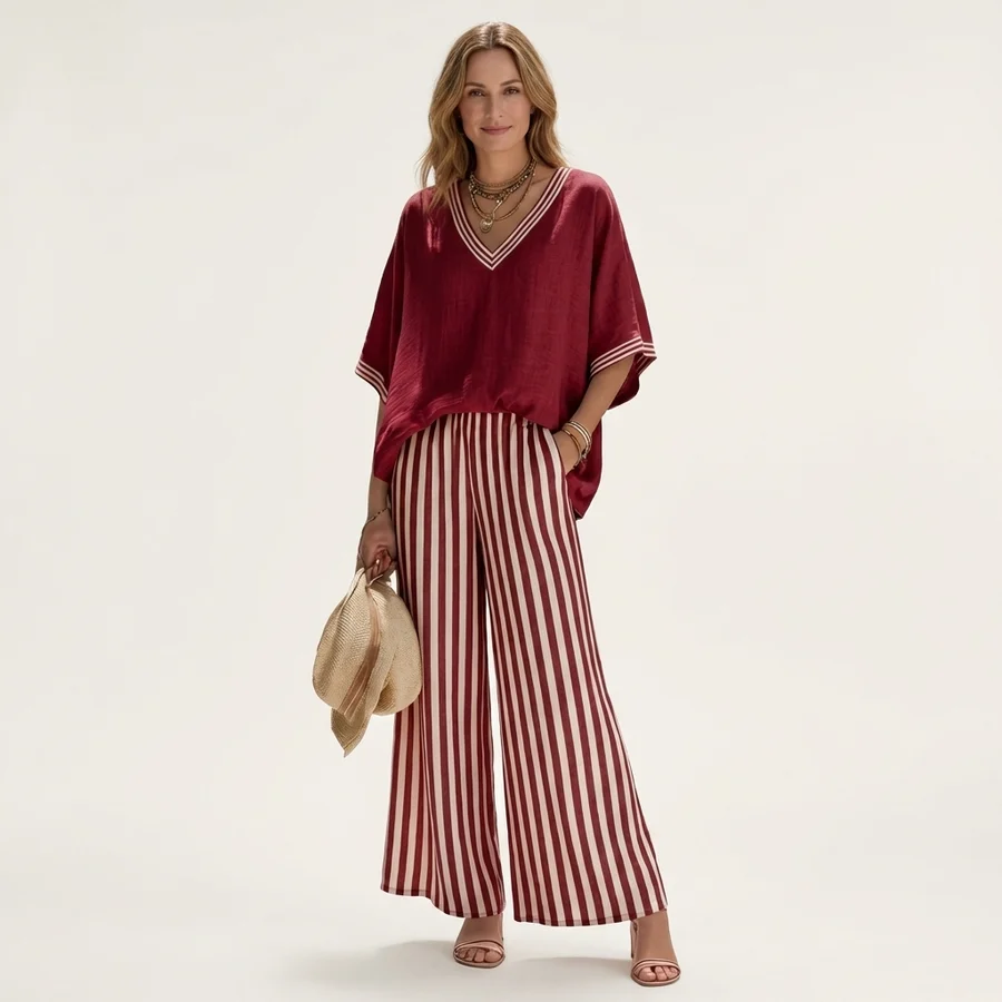 Juliana | Top estilo universitario con escote en V y conjunto de pantalón ancho a rayas