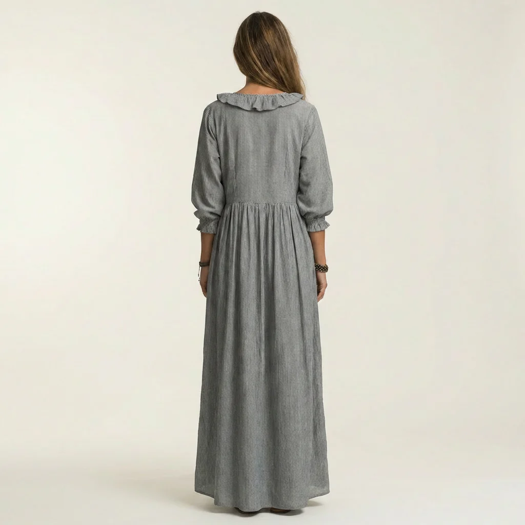 Yosetta | Vestido largo de manga farol con cuello en V y volantes, estampado de rayas