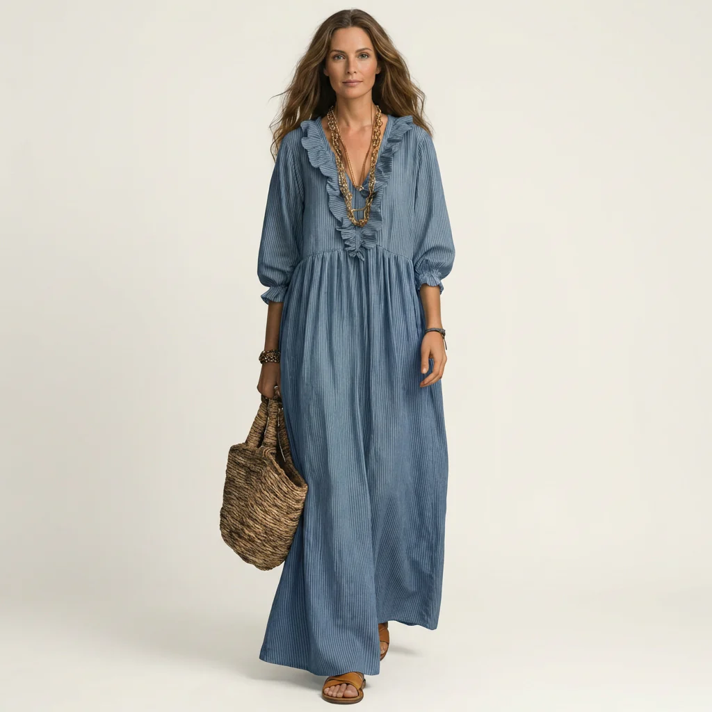 Yosetta | Vestido largo de manga farol con cuello en V y volantes, estampado de rayas