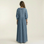 Yosetta | Vestido largo de manga farol con cuello en V y volantes, estampado de rayas