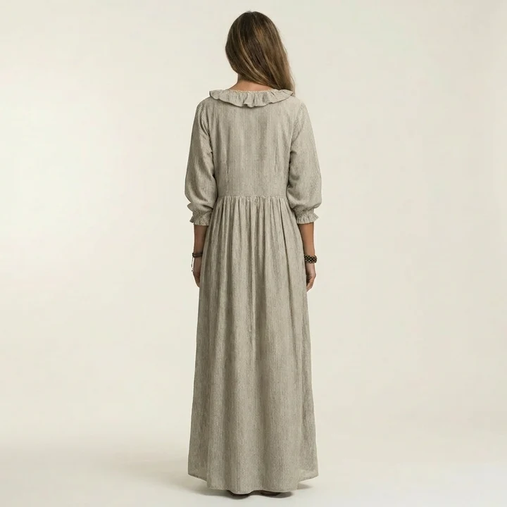 Yosetta | Vestido largo de manga farol con cuello en V y volantes, estampado de rayas
