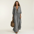 Yosetta | Vestido largo de manga farol con cuello en V y volantes, estampado de rayas