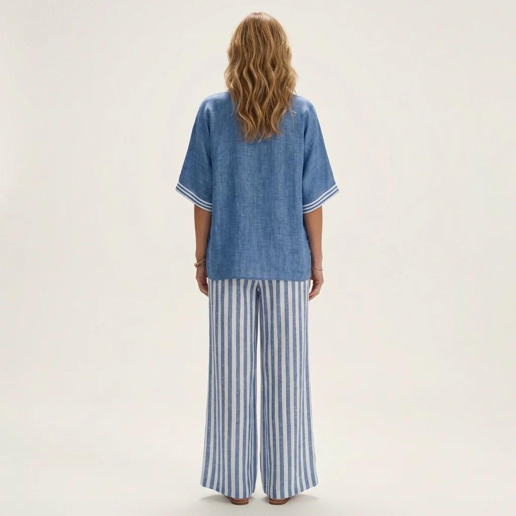 Juliana | Top estilo universitario con escote en V y conjunto de pantalón ancho a rayas