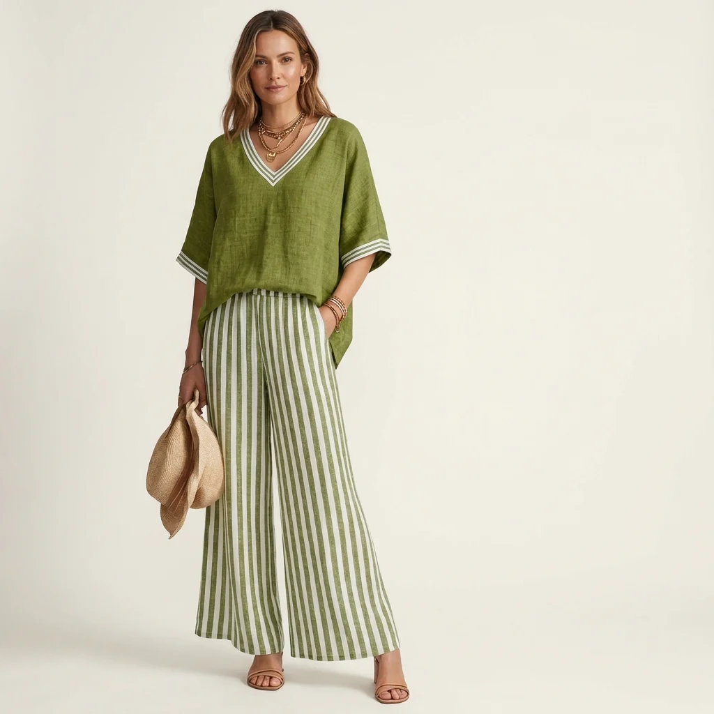 Juliana | Top estilo universitario con escote en V y conjunto de pantalón ancho a rayas