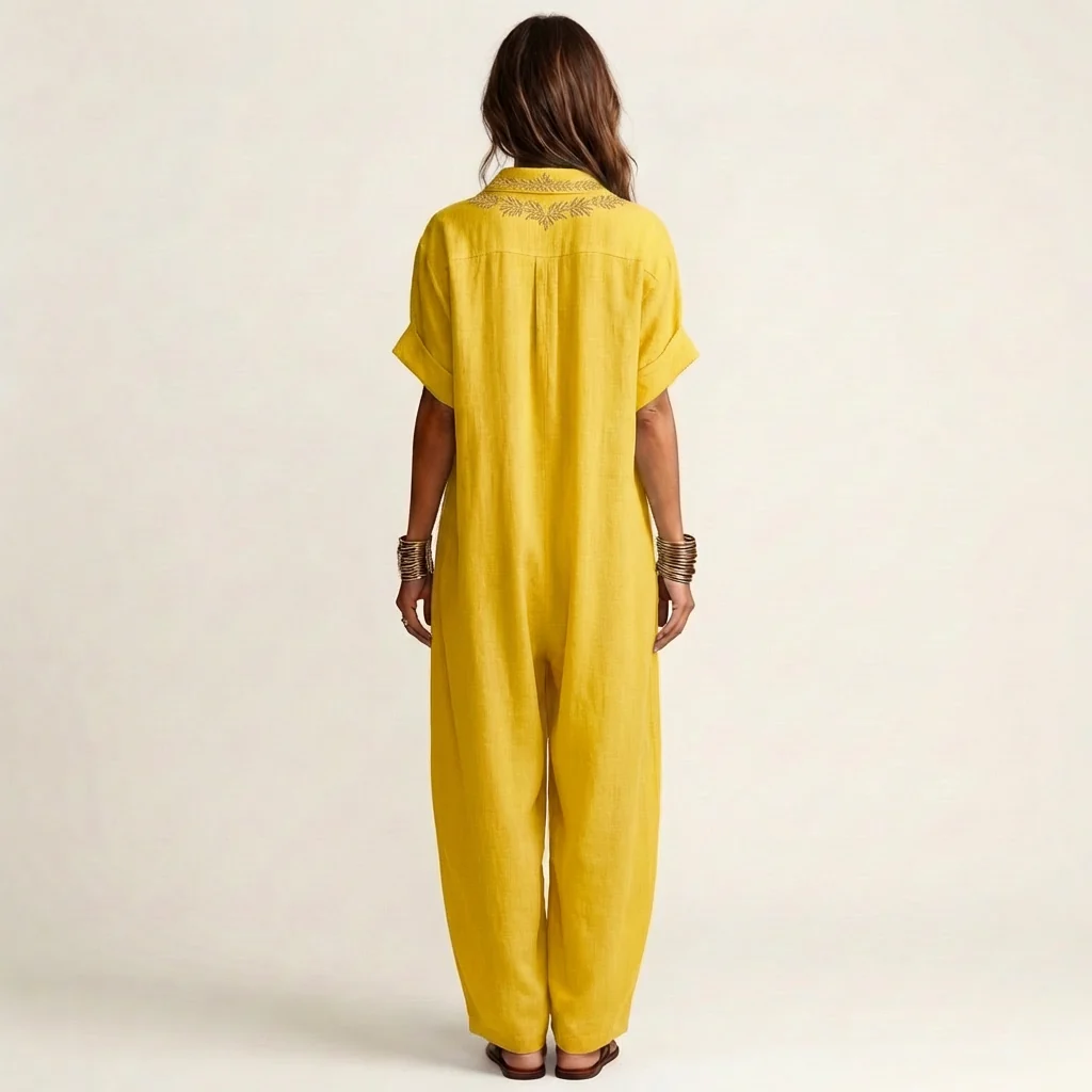 Ariadna | Vestido largo de lino con cuello en V bordado