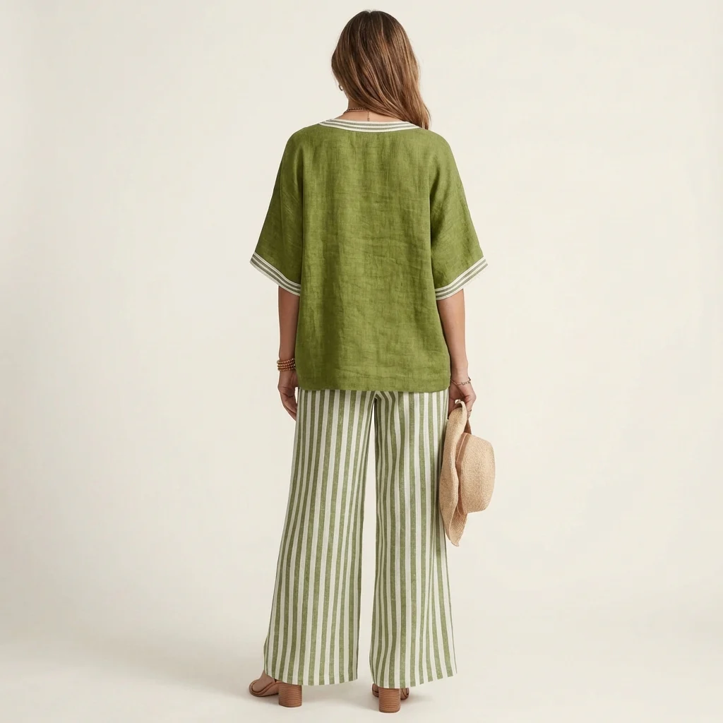 Juliana | Top estilo universitario con escote en V y conjunto de pantalón ancho a rayas