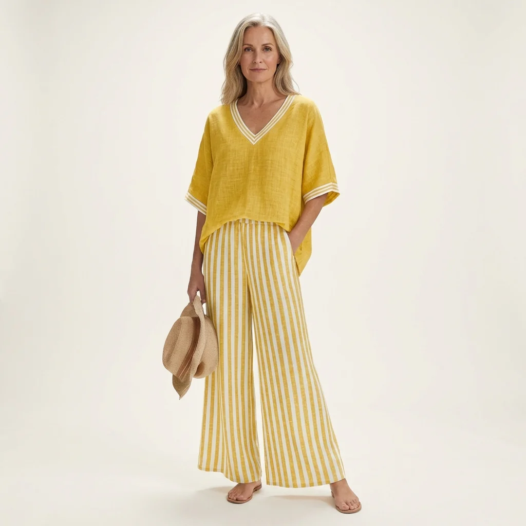 Juliana | Top estilo universitario con escote en V y conjunto de pantalón ancho a rayas
