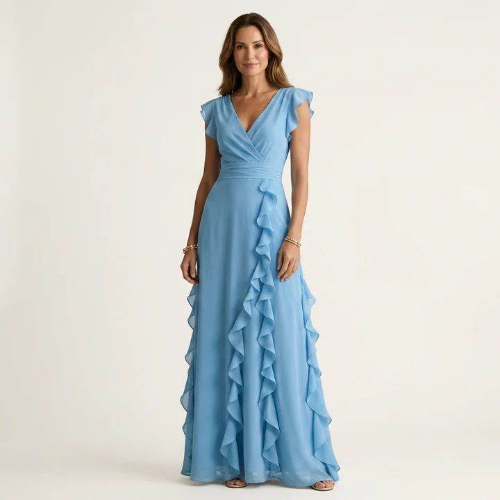 Nellyana | Vestido largo cruzado con escote en V, mangas acampanadas y volantes en cascada