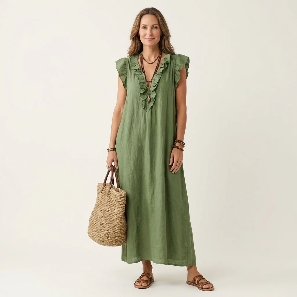 Joseta | Vestido largo con cuello en V y volantes
