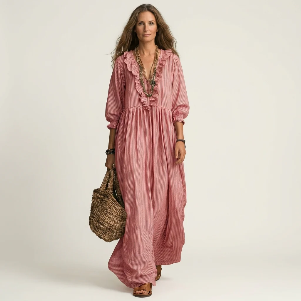 Yosetta | Vestido largo de manga farol con cuello en V y volantes, estampado de rayas