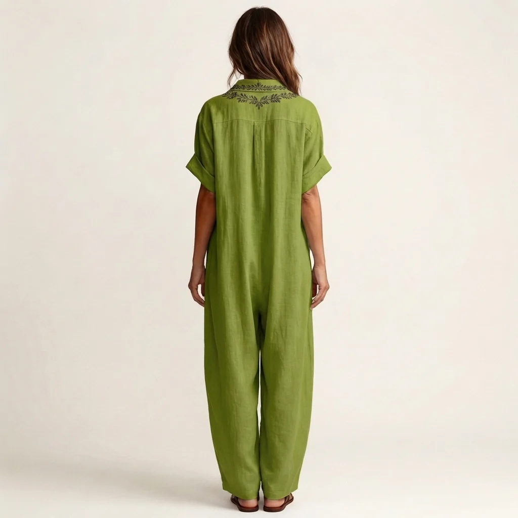 Ariadna | Vestido largo de lino con cuello en V bordado