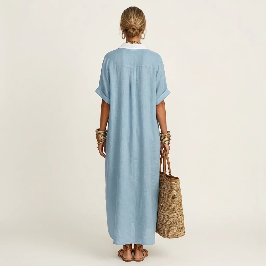 Kamira | Vestido camisero largo de manga corta con cuello en contraste y botones en la parte delantera