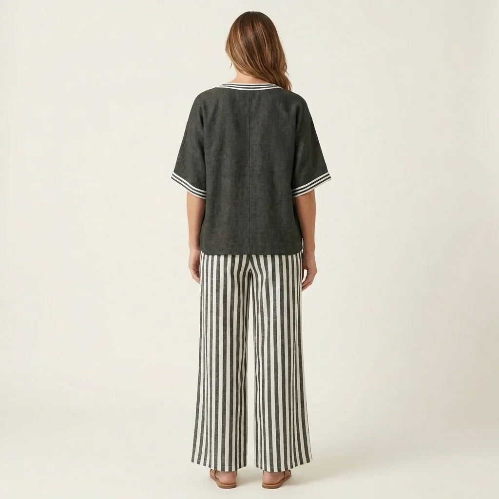 Juliana | Top estilo universitario con escote en V y conjunto de pantalón ancho a rayas